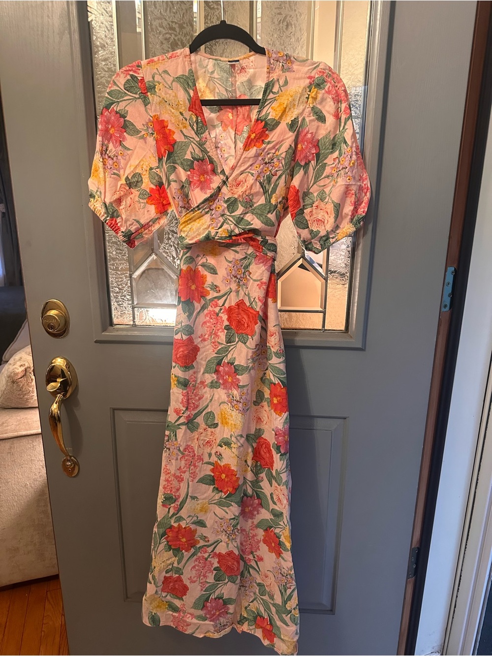 Old Navy Pink Floral Wrap Maxi Dress with Red & Yellow Blooms